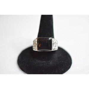 Gothic Statement Black Polished Stone Engraved Silver Tone Band Size 8 Punk Ring